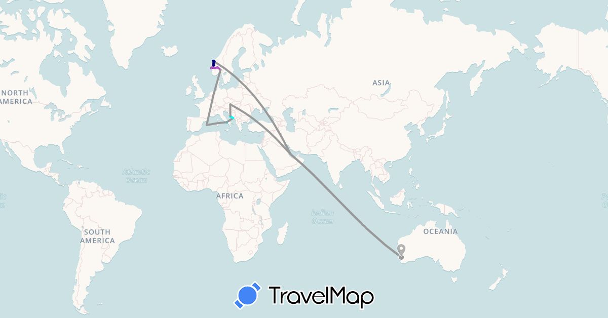 TravelMap itinerary: driving, plane, train, ferry in Austria, Australia, Spain, Croatia, Italy, Norway, Qatar (Asia, Europe, Oceania)